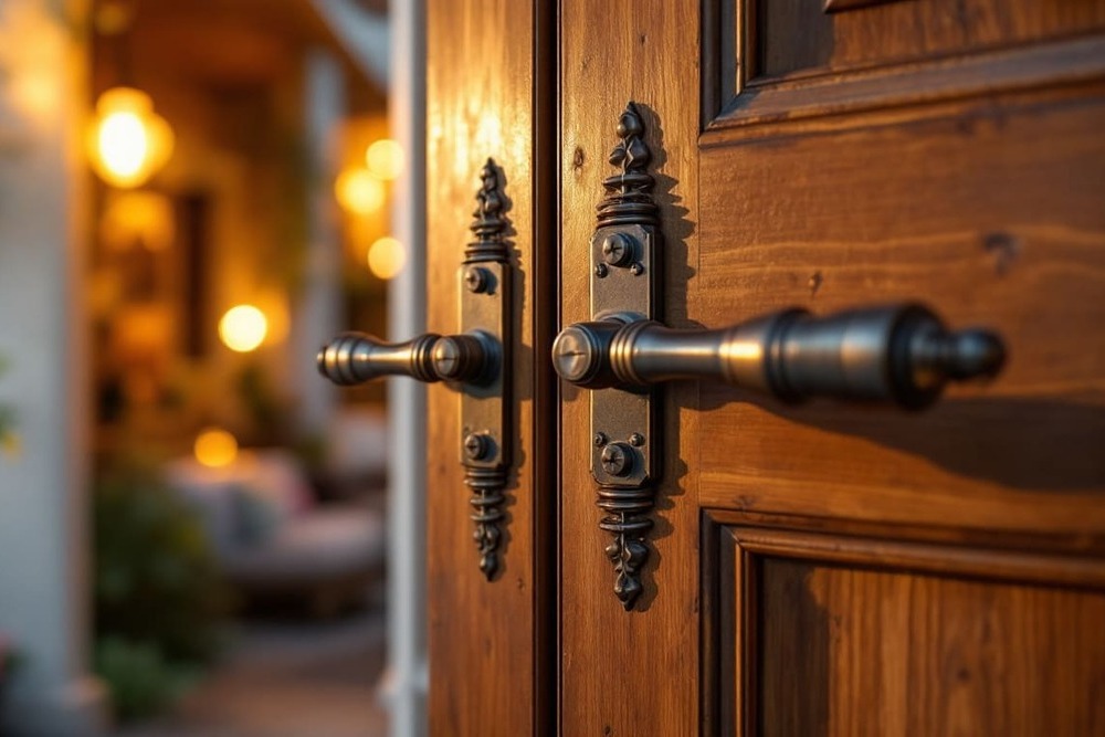 cerradura de hierro forjado en puerta de madera rustica con luz nocturna