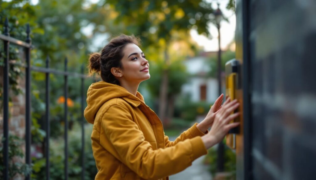 joven cierra puerta jardin abrigo amarillo