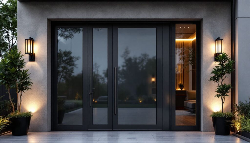 puerta de entrada moderna de vidrio con iluminacion calida y plantas exteriores